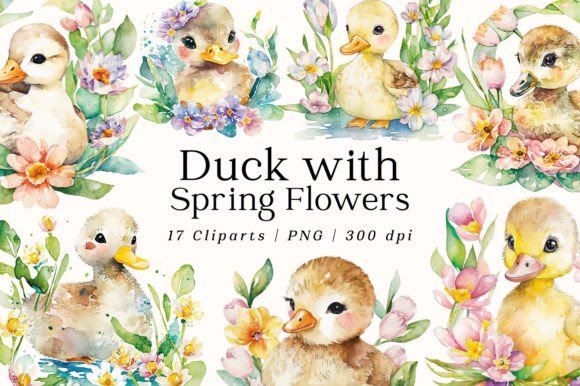 Download Baby Duck with Spring Flowers Watercolor - Spring flowers watercolor Collection