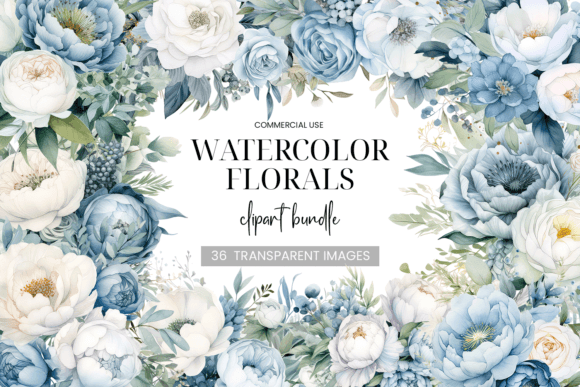 Download Blue &amp; White Floral Clipart Bundle - Floral clipart bundle Collection