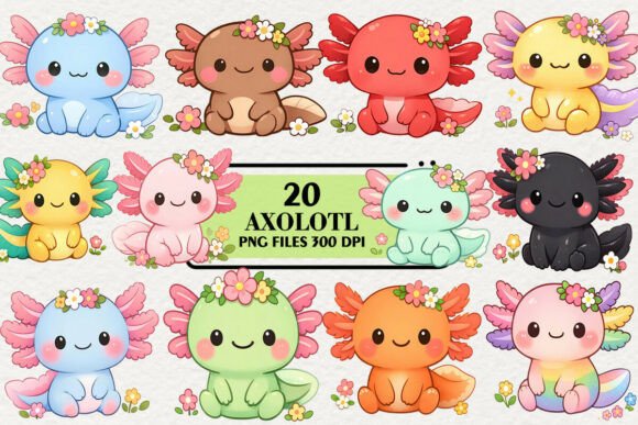 Download Kawaii Axolotl Floral Clipart Bundle - Floral clipart bundle Collection